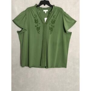 Rio & Rian Embroidered Top Ruffle Neck Vineyard Green Women's 3X NEW